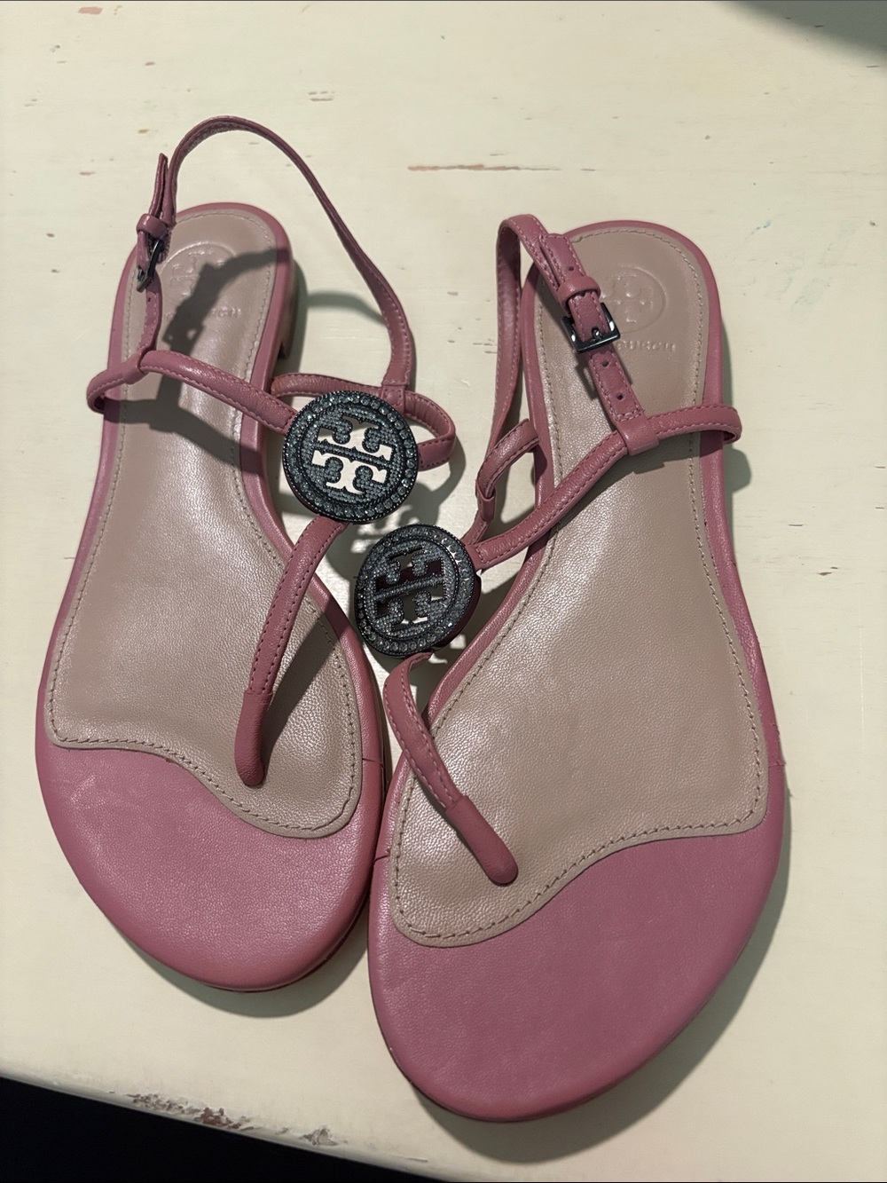 Tory Burch Liana Pink Crystal Logo Sandals Size 6.5 NWOT